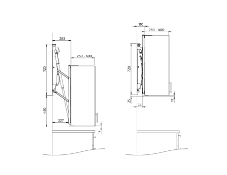 Dimensiones - Pieza de elevación en diagonal para armarios de pared Diago 504 - 120-180 cm