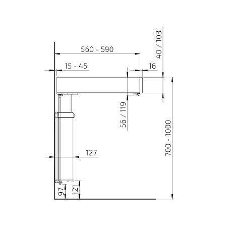 Dimensiones - Baselift 6300LA Unidad de elevación montada en pared, 40 mm frente