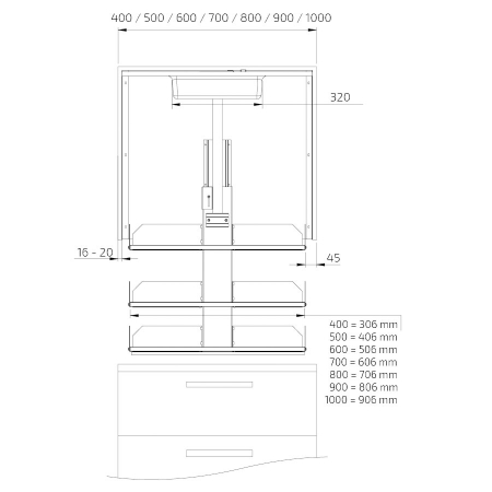 Dimensiones - Unidad de elevación vertical para armario de pared - Verti 830 - 26,5 cm profundidad